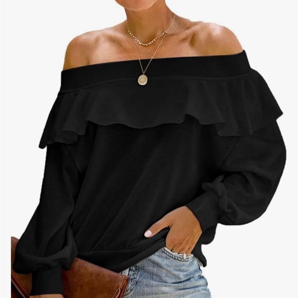 Off Shoulder Small Ruffle Black Sweater-Sweatshirt Long Sleeve large Ruffle New - Picture 8 of 8